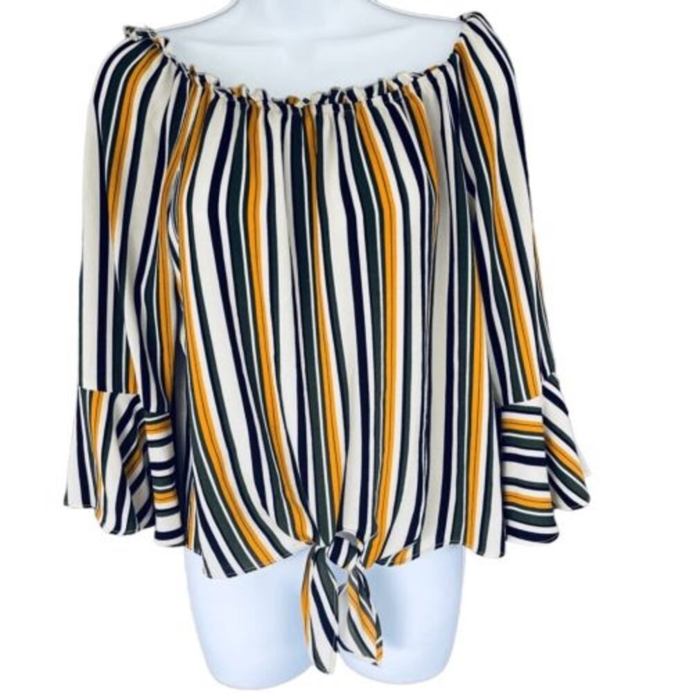 A. Byer Bell Sleeve Front Tie Boat Neck Striped Boho Blouse Top Medium - Picture 13 of 13